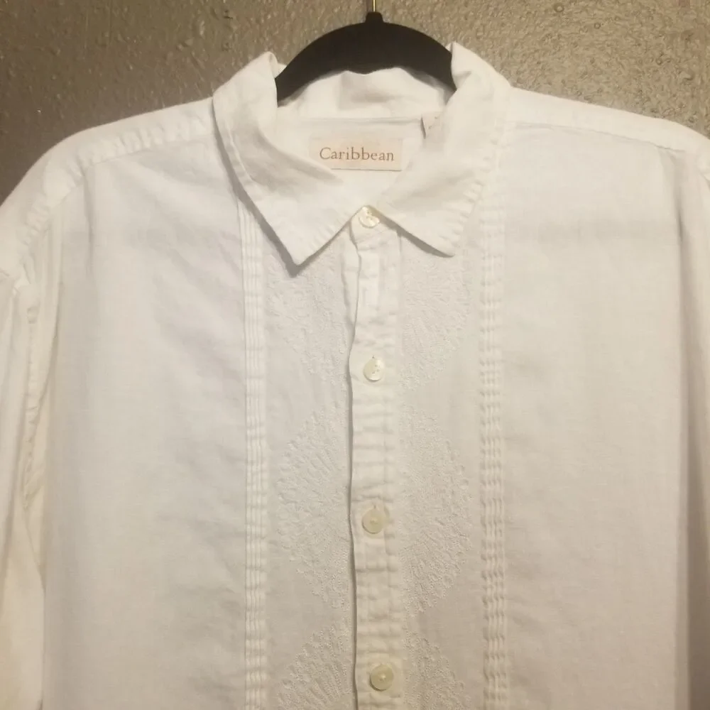 Caribbean XL Shirt Linen Embroidered White Button Up Pintuck Pleats Resort Beach